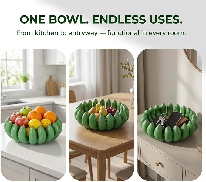 12 inch large Banana fruit bowl holder Handcrafted Art Centerpiece - Modern bowl for Kitchen,Dining Table & Entryway - Home Decor - Premium gifts - Sculptural Home Decor. (Green)