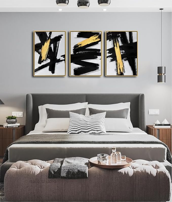 Sofoney - Gold Framed Black and Gold Abstract Wall Art 3D Textured Black and White Canvas Wall Decor with Gold Foil for Living Room Bedroom Office, Large 3 Piece Modern Home Decor, 20"x30"x3 Panels