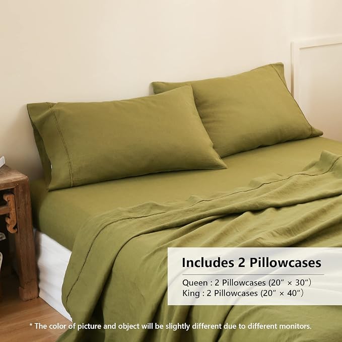 Simple&Opulence 100% French Linen Pillowcase Queen Size-Set of 2- Washed Solid Color Pillow Cases Embroidered -Soft and Durable (Olive Green, 20''x30'')