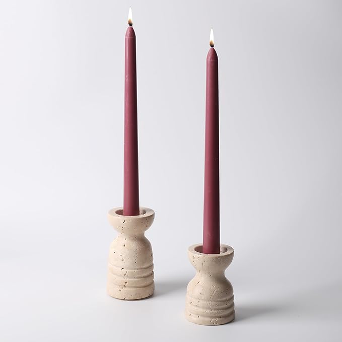 Candle Holders Italy True Natural Travertine Stone Set of 2 Premium Marble Candlestick Holder for Wedding Dinning Party Candle Stand for Dia 3/4" Taper Pillar Candles Color Beige (CH6065YL)