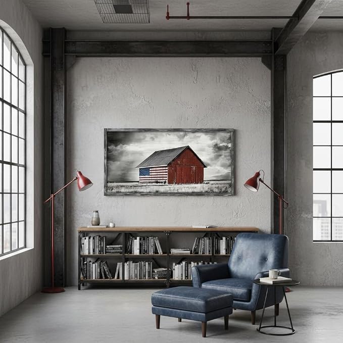 Barn Wall Art Wood Picture: Large Farmhouse Country American Flag Framed Painting Decor Black White Rustic Farm Countryside Landscape Artwork Panoramic Horizontal Rural Nature Scene Print for Living Room Bedroom