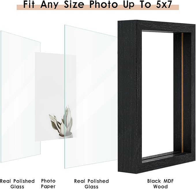 MUYE 5x7 Floating Frames Set of 2,Double Glass Picture Frame Display Any Size Photo up to 5x7,Wall Mount or Tabletop Standing,Black