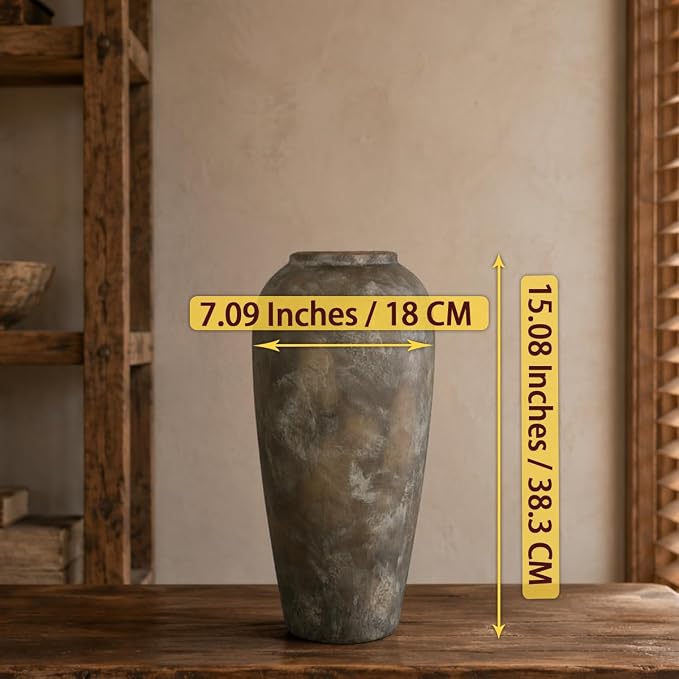 15 Inch Ceramic Rustic Farmhouse Vase, Handmade Pottery Flower Vases for Home Decor, Brown Ceramic Vase for Living Room, Table Centerpieces & Shelf Decor, Wedding Gifts