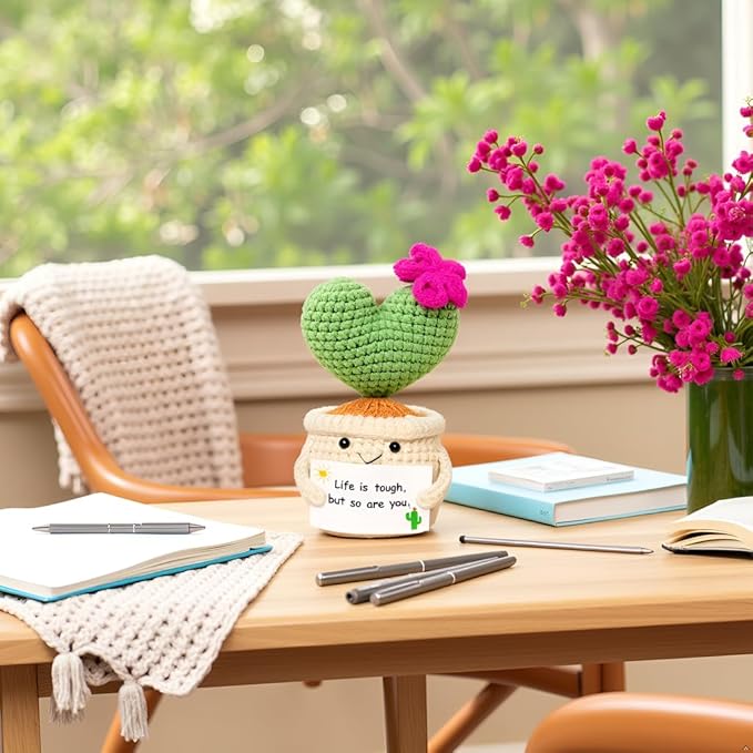 Get Well Gifts for Women, Handmade Crochet Cactus – Plush Plant Gift with Encouragement Card for Desk Decor, Home or Office Decoration