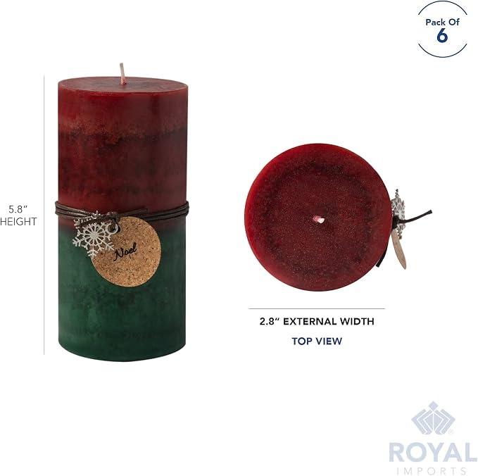 Royal Imports 3" x 6" Pillar Candles for Christmas Holiday Décor, Wedding & Home Decoration, Unscented, Dripless & Smokeless, Set of 6, Red Green Ombre Wax