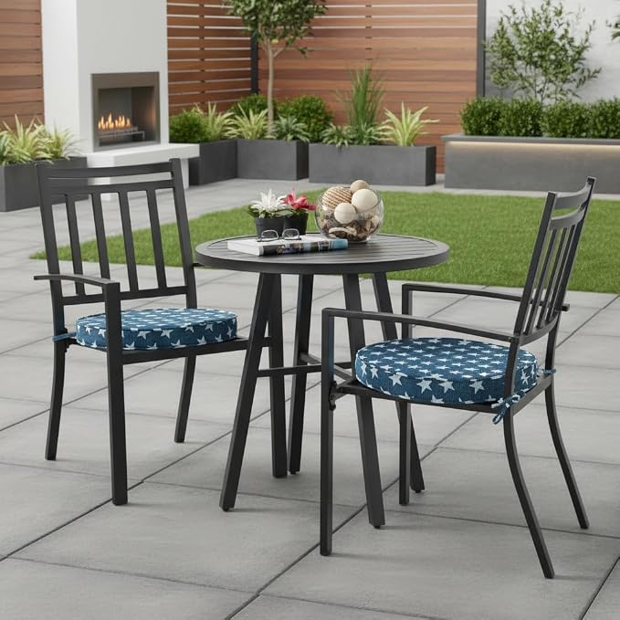 Set of 2 Outdoor 18 inch Round Patio Dining Chair Pads – Comfortable Fiber-Filled Seat Cushions with Ties, Reversible Polyester Fabric, Stars
