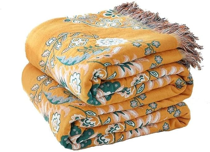 Boho Throw Blanket for Bed,100% Cotton Ultra Soft Lightweight Muslin 4-Layer Breathable Woven Throws 90''x 98'' Blanket Yellow Floral Farmhouse Decor Bed Blankets