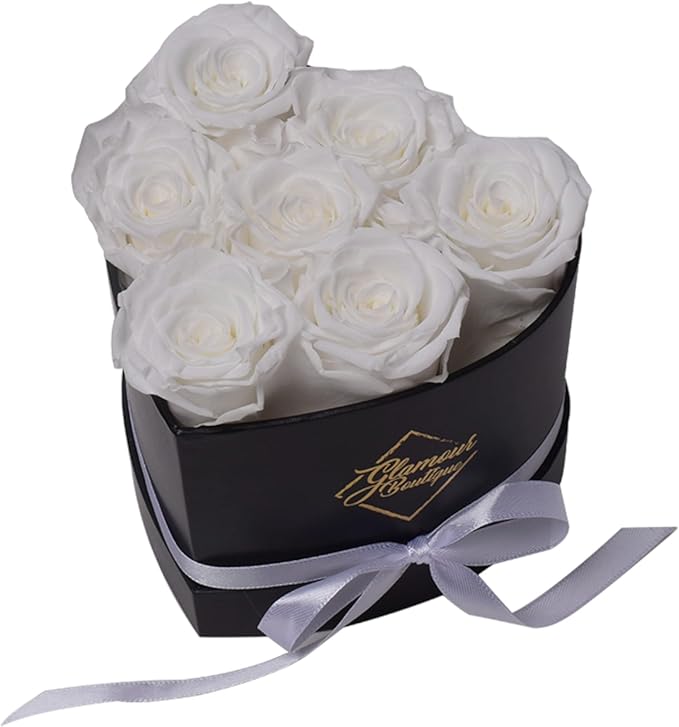 GLAMOUR BOUTIQUE 7 Flower Forever Heart Shape Box, Eternal Preserved Roses Gift for Her, Lasting Flowers, Petite Floral Heart Box for Birthday, Anniversary or Valentine’s Day, White (Color-Treated)