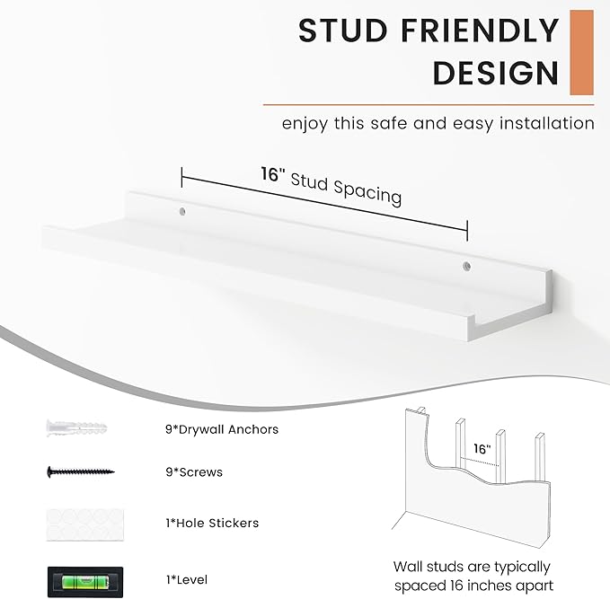 FLYJOE Picture Ledge Shelf, Floating Shelves Set of 4, 24 Inches Long Large Nursery Book Shelves for Toys Storage, Kids Bookshelf Wall Mounted for Living Room Bedroom Decor Books Photo Frames, White