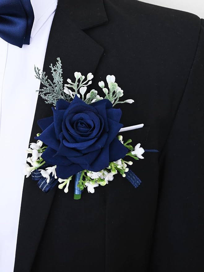 MAFELOE 2 Pieces Homecoming Party Prom Artificial Wrist Corsage and Boutonniere Set, Groom Groomsmen Bride Bridesmaids Wedding Simulation Flowers Accessories - Navy Blue