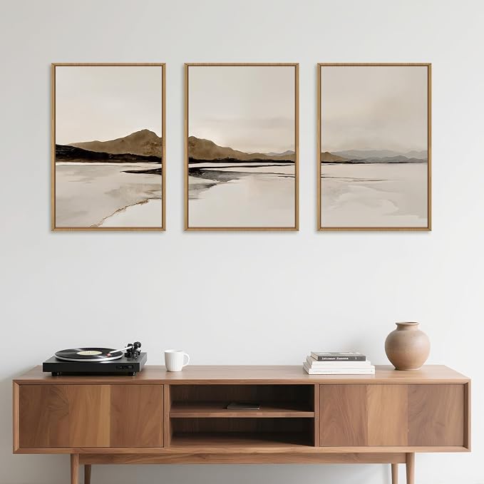 Netural Abstract Mountain Framed Canvas Wall Art Set, Nature Misty Lake Wall Decor,Modern Beige Grey Wall Painting, Minimalist Landscape Art Prints for Living Room,Bedroom,Office -16"X24"X3