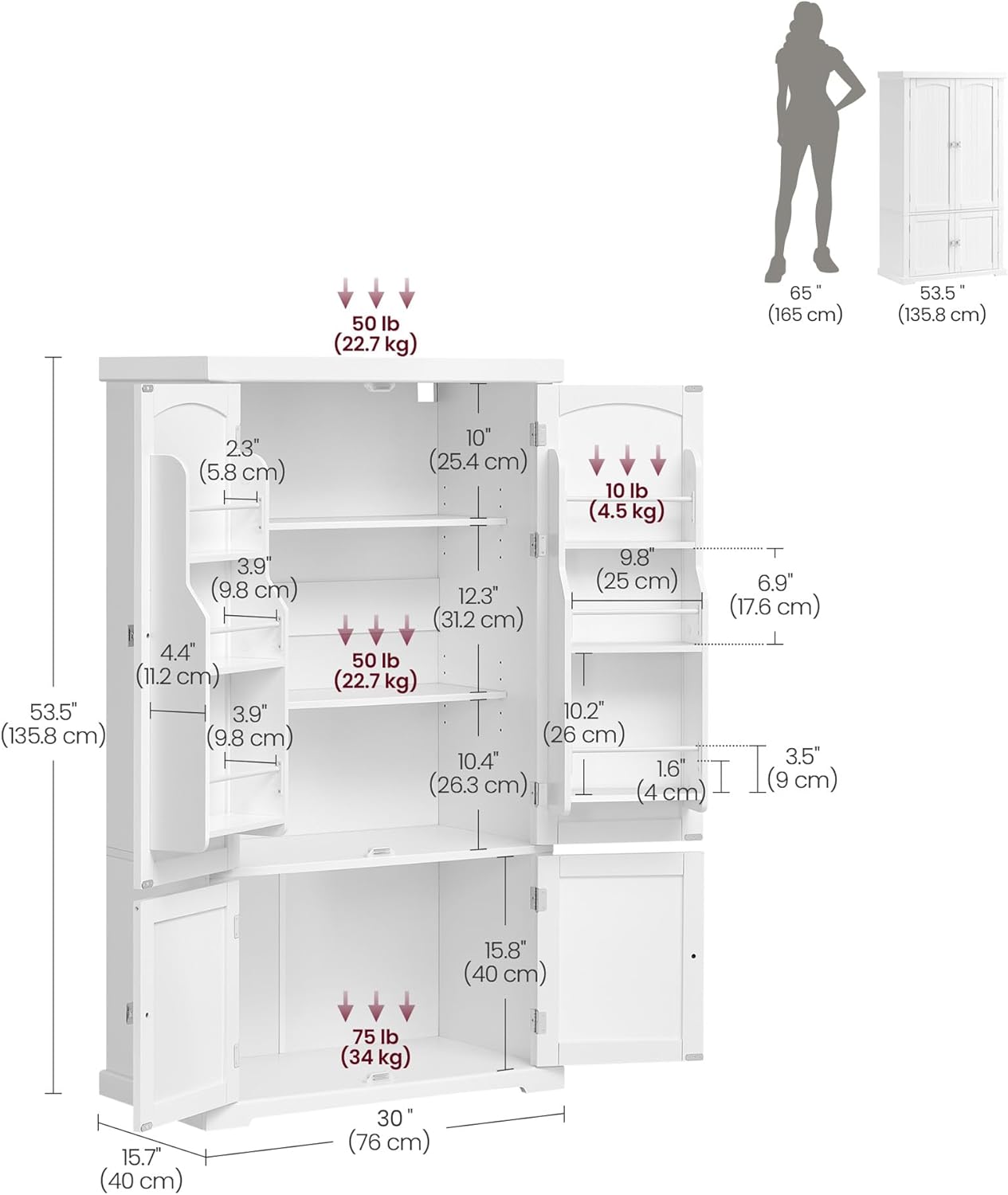 VASAGLE Pantry Cabinet, 53.5-Inch High Freestanding Tall Cupboard Storage Cabinet, 2 Cabinets, 2 Adjustable Shelves, 6 Door Shelves, for Living Room, Kitchen, White UBBC671W01