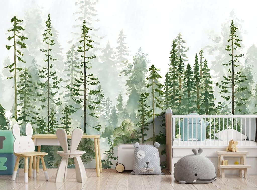 Boys or Girls Cartoon Pine Tree Forest wallpeper Nursery Kids Bedroom Wall Mural - 183"x120"（Not Peel and Stick）