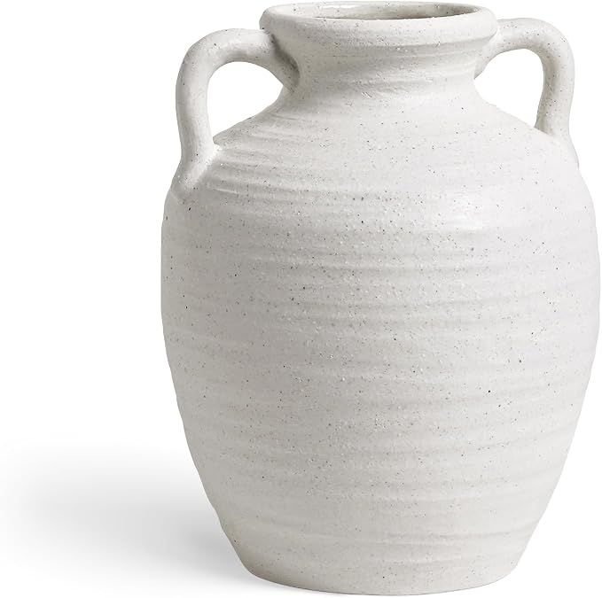 Large White Ceramic Vase - 9.5 Inch Rustic Farmhouse Flower Vase with Handles for Home Decor, Vintage Tall Vase for Living Room, Table, Bathroom, Holiday & Weddings (Sandstone White)