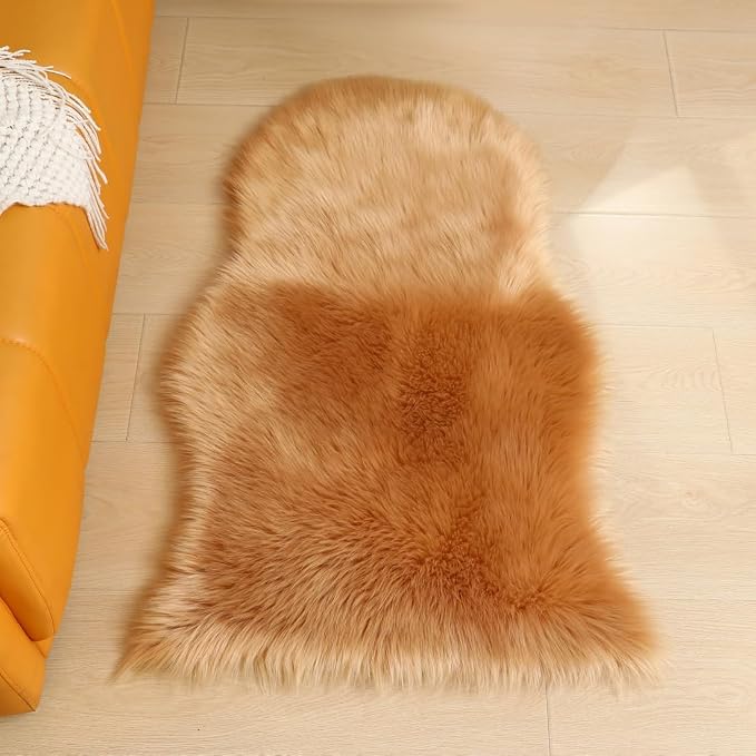 Faux Fur Rug 2 x 3 ft Sheepskin Shaggy Fuzzy Brown Area Rug Super Soft Fluffy Plush Carpet for Bedroom Living Room Sofa Floor Kids Room Bedside