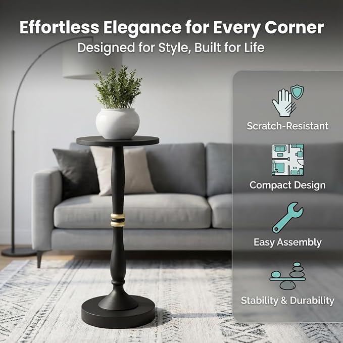Relso Sceptrum Solid Wood Black Side Table - 24" Tall, Round End Table For Living Room Or Bedroom, Compact Narrow Accent Plant Stand Or Beverage Table With Simple Setup For Small Areas | Easy Assembly