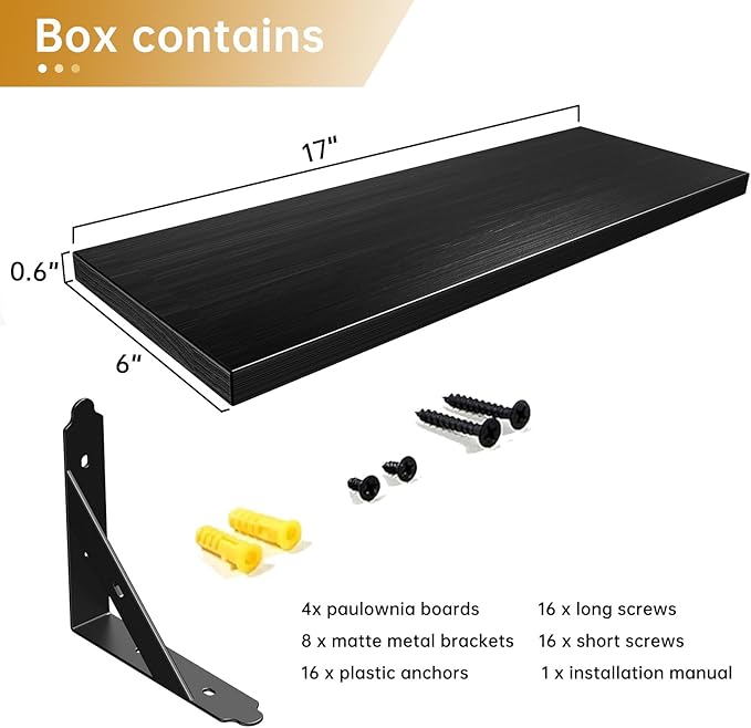 ROMGUAR CRAFT Wood Floating Shelves Set of 4, Rustic Storage Decor Wall Shelves, Wall Mounted Shelf for Living Room, Bedroom 17" x 6", Black