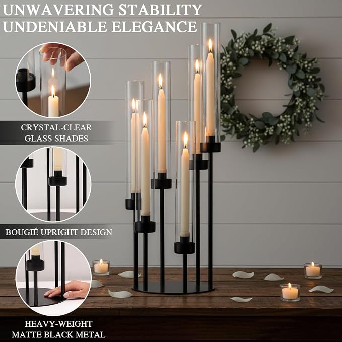 LETINE 6-Arm Black Candelabra, 23.96" Tall Candelabra Centerpieces for Tables with Glass Lampshade & Heavy Base, Vintage Tall Candle Stick Holder for Indoor Outdoor Wedding Party Decor.
