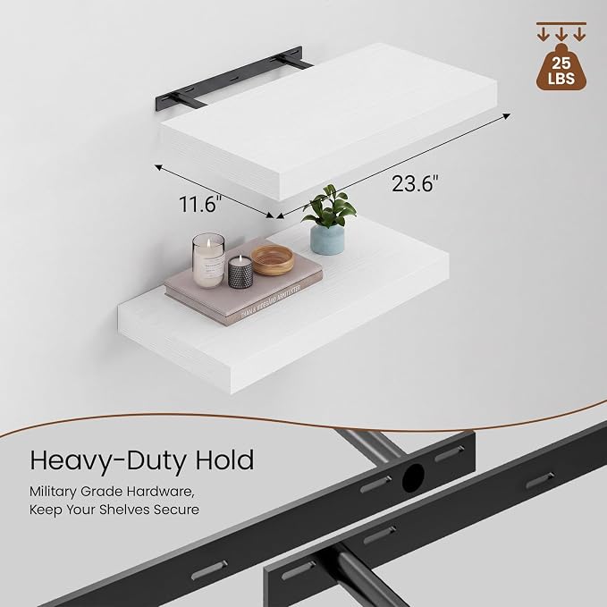 Heimlove 12inch Deep Floating Shelves for Wall, Mounted Shelves 24" W x 12" D x 1.5" H, wall Shelf for Bedroom Living Room Bathroom Kitchen Home Office, Set of 1, White