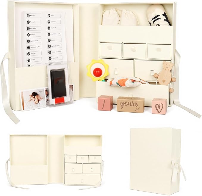 Baby Keepsake Box,Newborn Keepsake Box,Large Baby Memory Box with 8 Additional Items for Baby Shower,Pregnancy, Mother’s Day（beige）