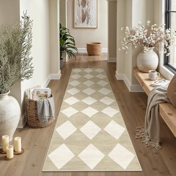 PureCozy Checkered 3x8 Runner Rug for Hallways Beige Washable Long Carpet Non-Slip Low Pile Modern Soft Indoor Accent Throw Rugs for Entrance Kitchen Bedroom Dining Laundry