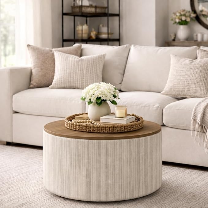 HomePop Modern Fabric Storage Ottoman with Wood Top -Marigold Pinstripe Cream Fabric