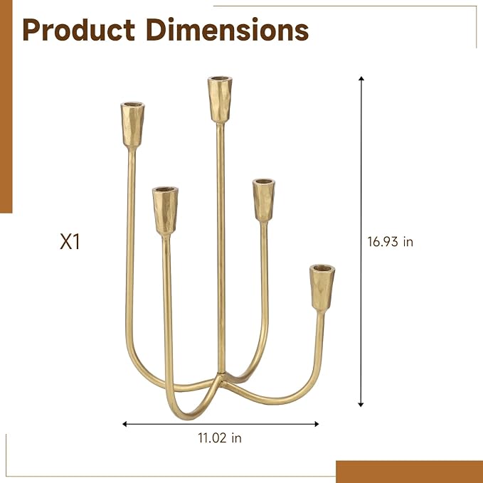 Elegant Gold 5-Candle Candelabra, 16.93 Inch Tall Cast Iron, American Vintage Taper Candle Holder with Antique Finish, Perfect Centerpiece for Dining, Living Room & Fireplace Decor
