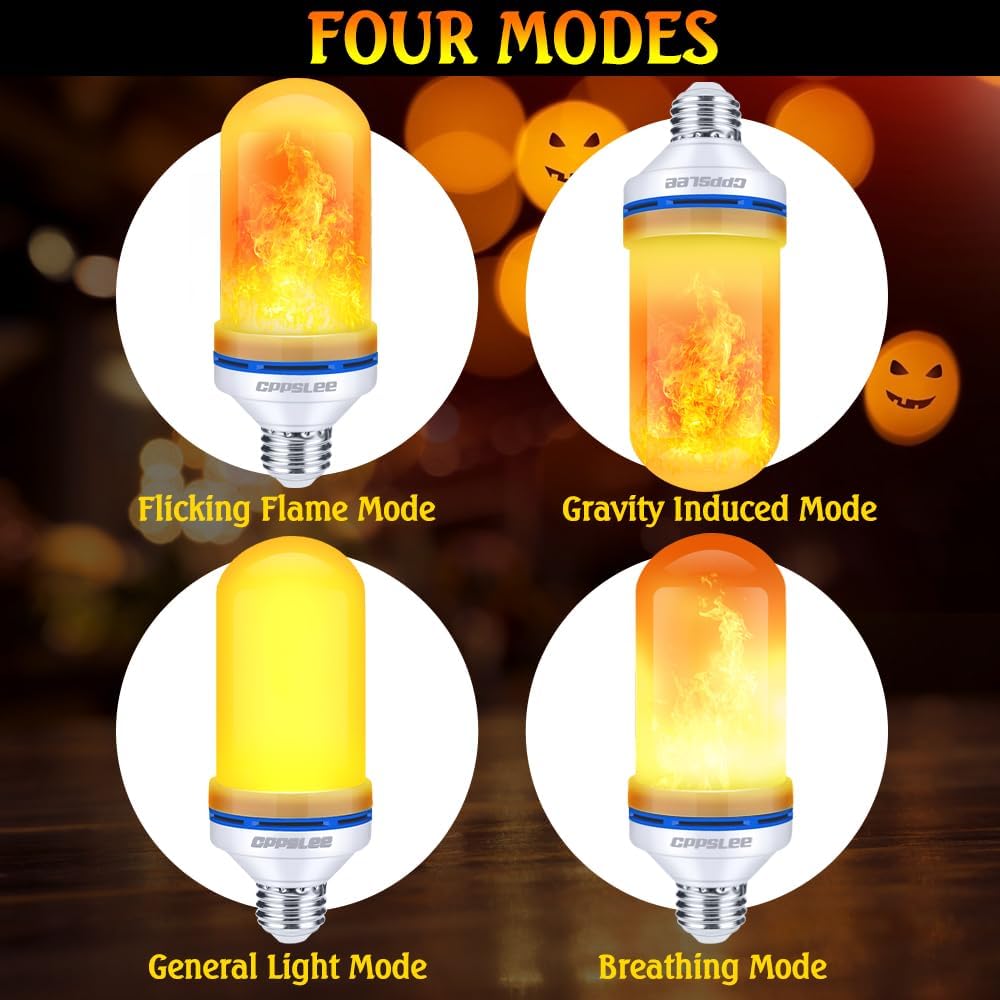 Halloween Decorations Upgraded LED Flame Light Bulbs, 4 Modes Flickering Light Bulbs, E26 Base Fire Flame Bulb, Christmas Lights Patio Outdoor Indoor Home Decor (Yellow, 2 Pack)