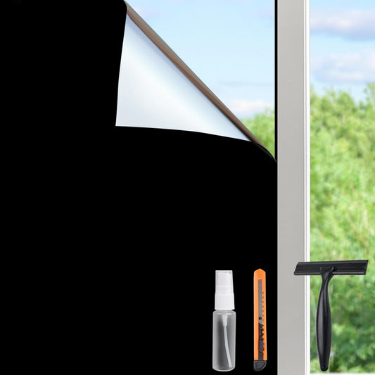 HIDBEA Mirror Blackout Window Film,100% Light Blocking Room Darkening Window Privacy Film,Mirror Glass Window Film Heat Control,Removable Window Cover Tint for Day Sleep(Mirror Black,23.6in x 6.5ft)