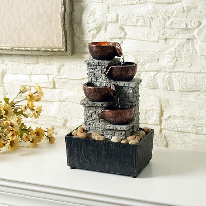 Kalona 4-Tier Indoor Waterfall Tabletop Fountain with LED Lights and Natural Rocks, Cascading Bowl Desk Fountain for Home and Office Decoration, Relaxing Water Feature (21132B)