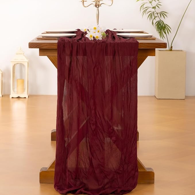 Socomi 10pcs Burgundy Red Easter Spring Cheesecloth Table Runner Boho Rustic Gauze 120 inch 10FT Cheese Cloth Runner for Wedding Party Baby Shower Birthday Home Decor Holiday Decorations
