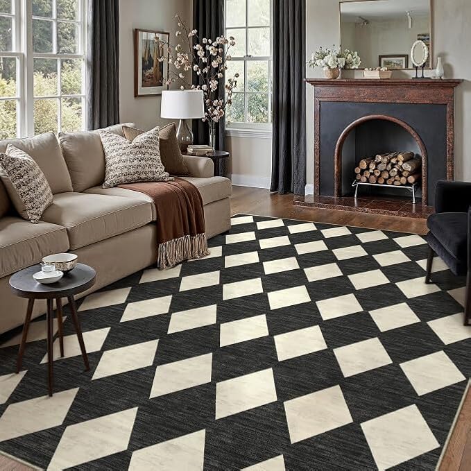 PureCozy Machine Washable 10x12 Area Rugs for Living Room Modern Soft Black and White Checkered Rug Non-Slip Low Pile Accent Indoor Office Carpet for Bedroom Dining Room Nursery Classroom