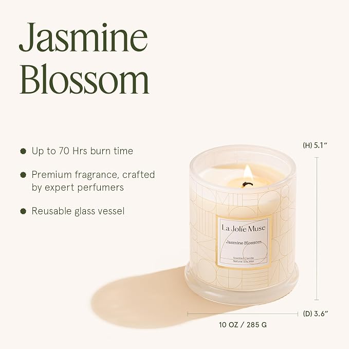 LA JOLIE MUSE Jasmine Floral Scented Candles for Home, Natural Soy 70 Hrs | Luxury White Jar Candle, Clean Non Toxic, Decorative Candle for Candle Warmer, Gifts for Women & Mom, Floral Engaged Candles