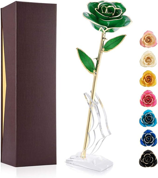 24K Gold Dipped Real Rose Flower, Golden Friend Romantic Love for Girlfriend Confidante Wife Grandma on Birthday Sweetest Day Halloween Thanksgiving Christmas, Green