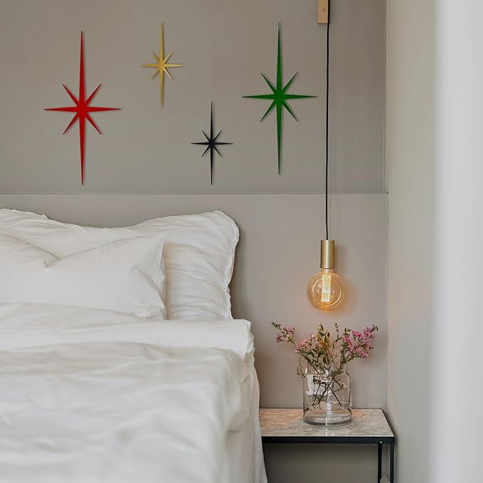4 Pack Metal Star Wall Art 8 Pointed Starburst Wall Decor Set with 2 Large & 2 Small Pieces Mid Century Celestial Metal Wall Sculpture for Bedroom Living Room Office Gallery Wall