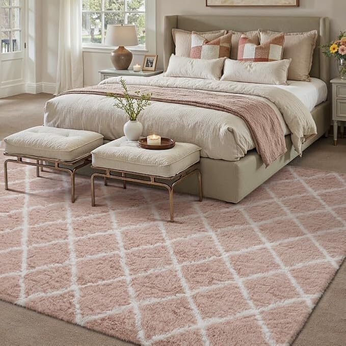 PureCozy 5x8 Checkered Rug for Bedroom Pink and White Modern Soft Area Rug Fluffy Non-Slip Carpet for Living Room Playroom Home Aesthetic Decor