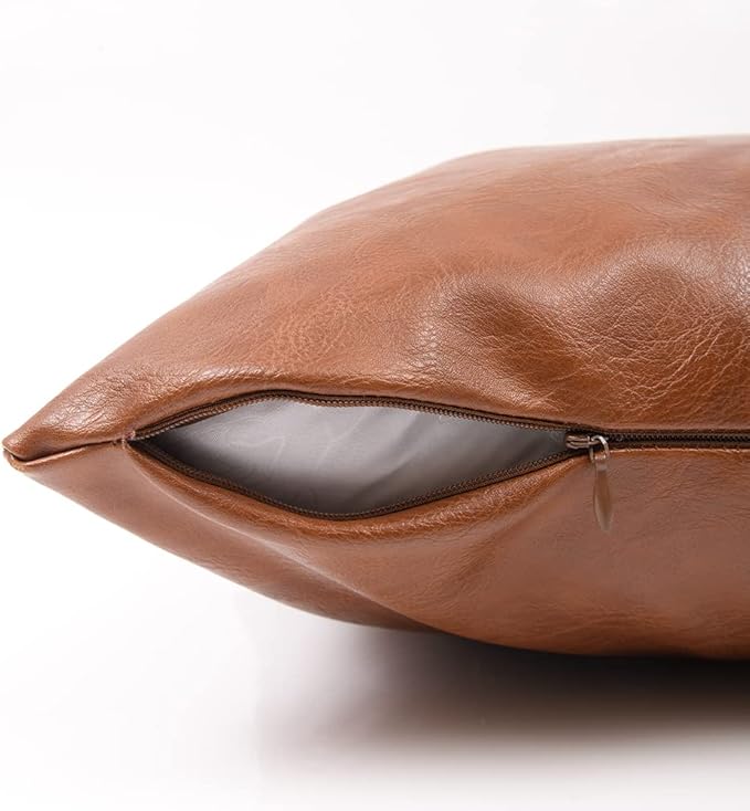 Fancy Homi Brown Boho Faux Leather Decorative Throw Pillow Covers 20x20 Inch for Living Room Couch Bed, Hand Stitched Accent Square Cushion Case 50x50 cm, Luxury Modern Farmhouse Home Decor
