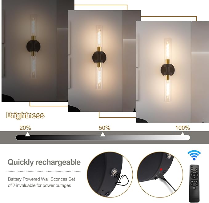 Battery Operated Wall Sconces, Wall Sconce Set of 2, 3000K-6500K Black Rechargeable Wall Lamp with Remote, Indoor Non-Hardwired Wall Lamps, Modern Vanity Light for Bedroom, Living Room, Aisle