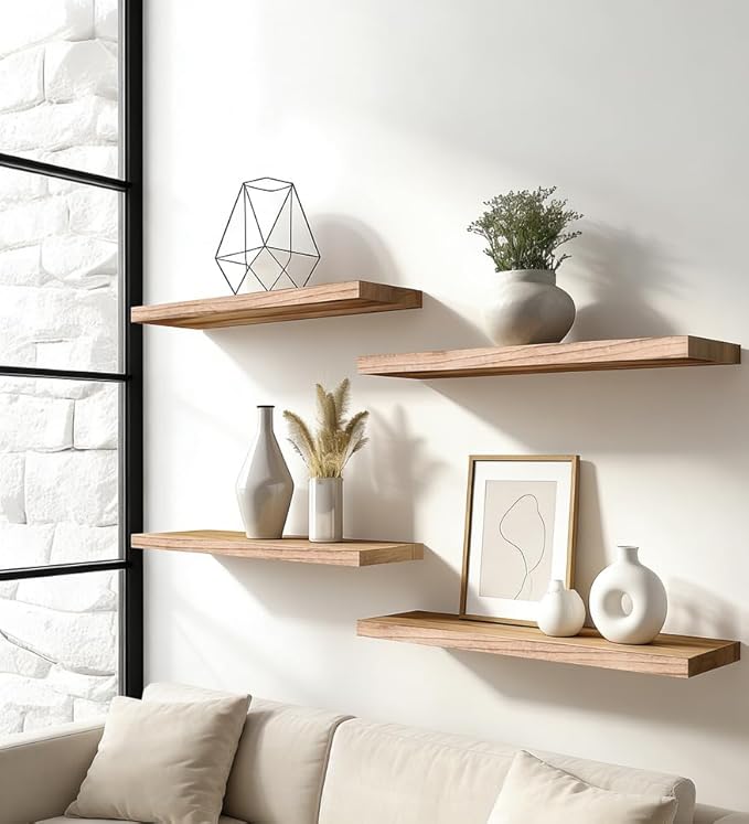 Rustic Wood Floating Shelves for Wall, Wooden Wall Shelves for Bedroom, Wall Mounted Shelves for Living Room, Set of 4 Light Brown 16 Inch