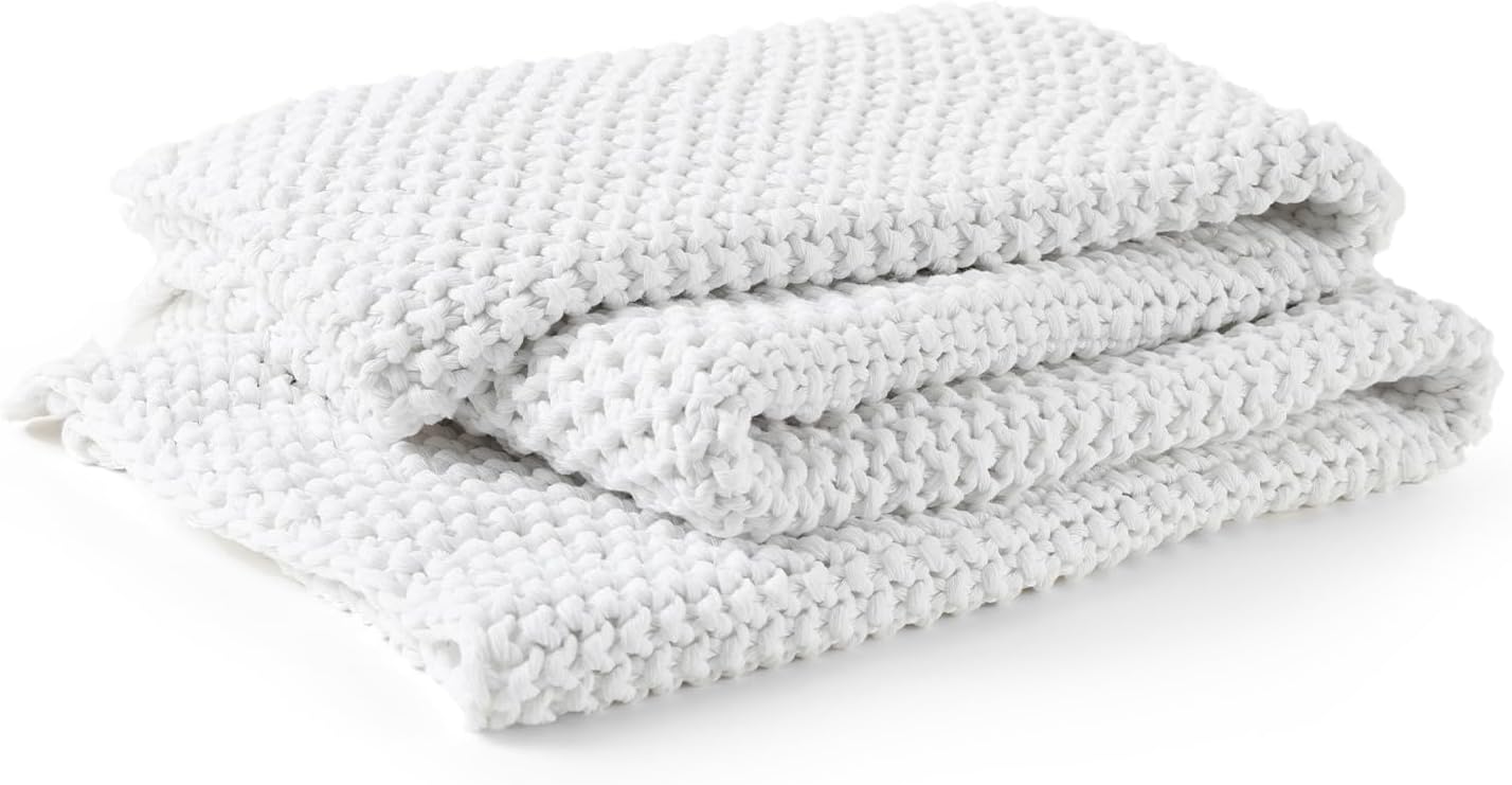 YnM Chunky Cotton Knit Throw Blanket, Cable Knit Throws for Bed Couch Sofa, Comfy & Relaxing, Decorative Piece for Farmhouse Modern Boho Rustic Scandinavian Chic Vibe, White 80x87 Inches