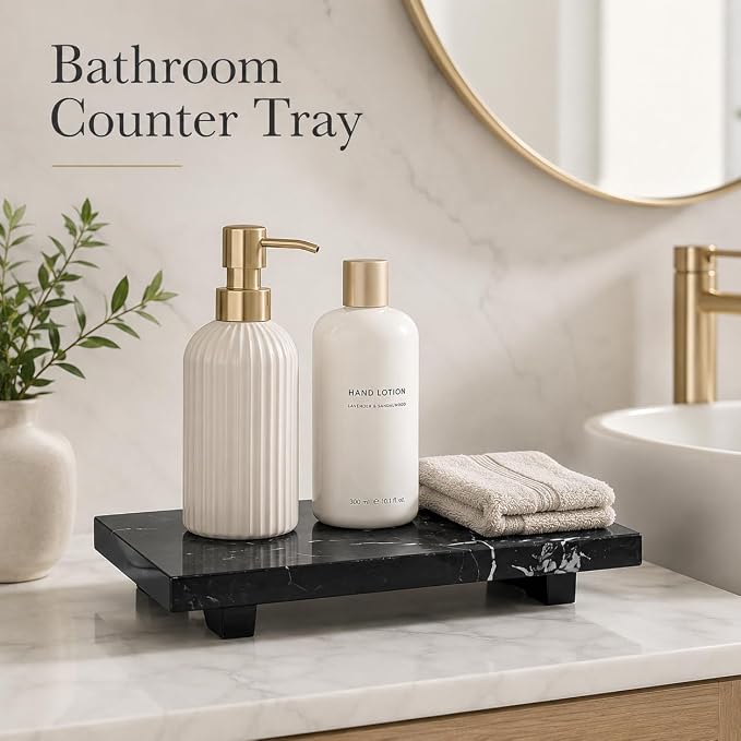Small Black Marble Soap Dispenser Pedestal Tray 9.84 in | Stone Pedestal Tray for Bathroom Counter, Vanity Riser for Perfume, Jewelry, Candles and Dresser Decor
