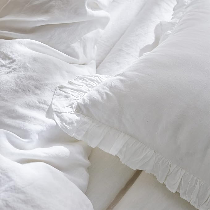 100% French Linen Euro Shams with Ruffles - Set of 2 - Washed Solid Color Natural Flax Soft Breathable Pillow Covers - White, 26'' x 26''