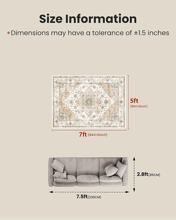 AMADA HOMEFURNISHING 5x7 Area Rugs, Washable Living Room Rug Low-Profile with Non-Slip Backing & Durable Edge Binding, Vintage 5x7 Rugs for Living Room, Bedroom, Dinning Room