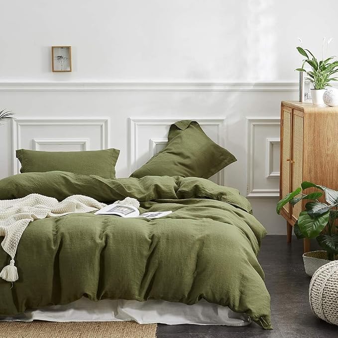Simple&Opulence 100% Linen Duvet Cover Set, 3 PCS Olive Green Duvet Cover California King Size, Breathable Soft Comfy Linen Bedding Comforter Cover with 2 Pillowcases(Olive Green, 104"x98")