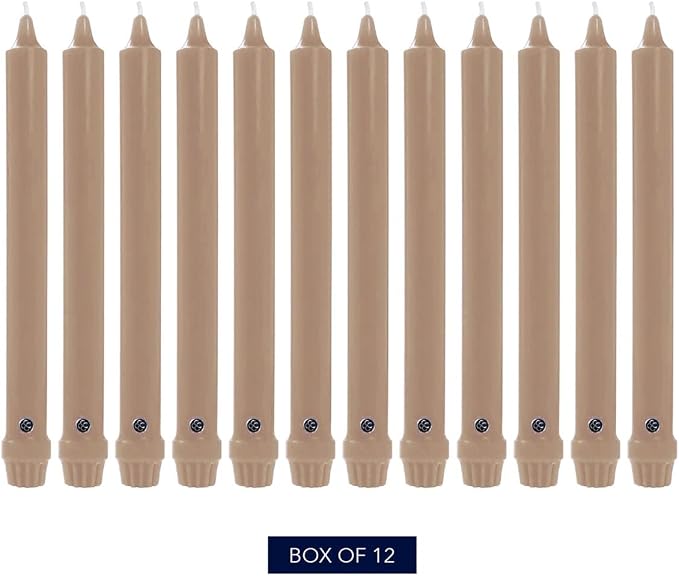 Colonial Candle Unscented Taper Candle, Classic Collection, Mocha, 8 in, Pack of 12 - Up to 6 Hours Burn