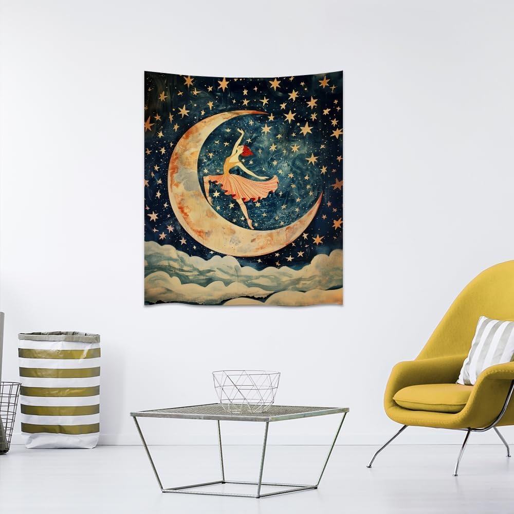 Dancer on the Moon Tapestry Starry Night Sky Art Print Dark Academia Gothic Aesthetic Wall Hanging Stars Moon Clouds Tapestries Whimsical Wall Decor for Nursery Bedroom 40x60inch