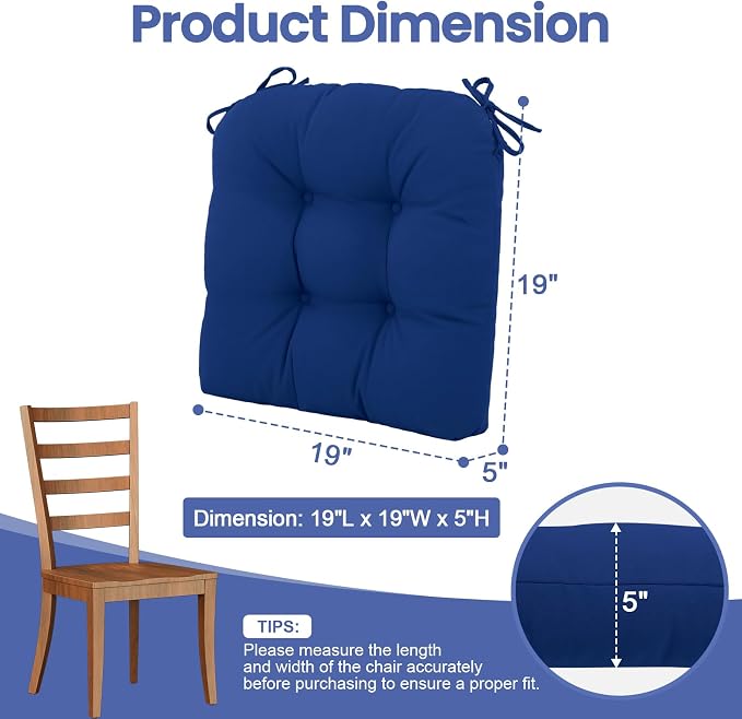idee-home Outdoor Chair Cushions Set of 4, Patio Seat Cushions | Tufted Thick 19 x 19 x 5 Inch Cushions for Outdoor Furniture Waterproof with Ties, Dining Pads Dark Cerulean