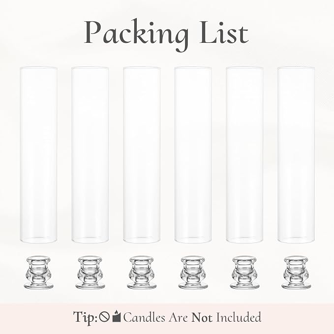 Glass Hurricane Candle Holder: 12" Tall Candlestick Holder Bulk with Cylinder Windproof Cover Set of 6 Clear Taper Candle Holders for Wedding Party Birthday Christmas Decor