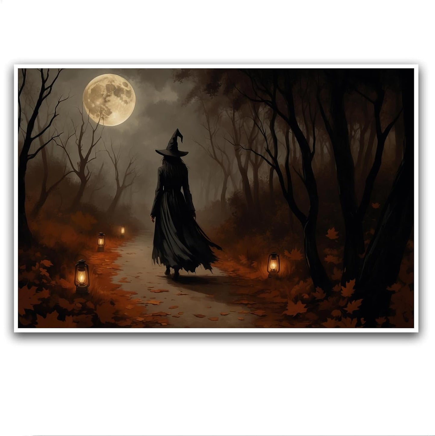 JFHCQJPK Moonlight witch poster dim lantern Halloween decoration Gothic style dark retro college style canvas wall art suitable for living room bedroom32x48in Frameless