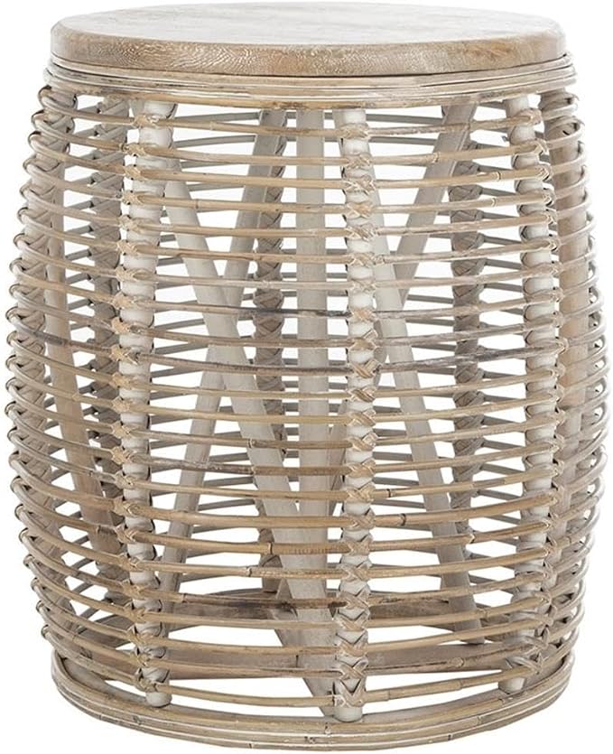 SAFAVIEH Furniture - Maui Rattan Drum Stool Table - Grey White-Wash - Rattan - Coastal Woven Design - Fully Assembled - Ideal for Living Room, Bedroom, Patio - Fully Assembled (STL6500A)